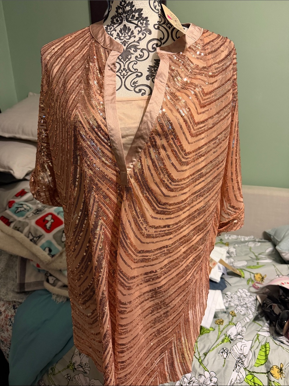 Peach Sequin Long-Sleeve V-Neck Dress